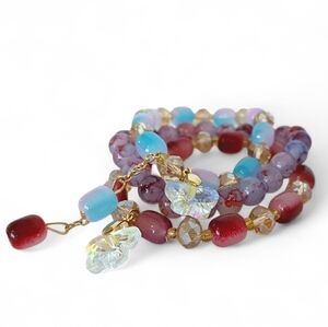 Vibrant Beaded Charm Bracelet Set Gold Crystal Blue Pink Sparkle Butterfly Cute